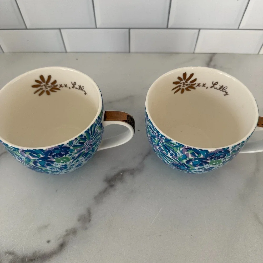 Lilly Pulitzer Ceramic Coffee Tea Cup Mug Tiger Lily Floral Set Of 2 Gold Handle - Picture 2 of 7
